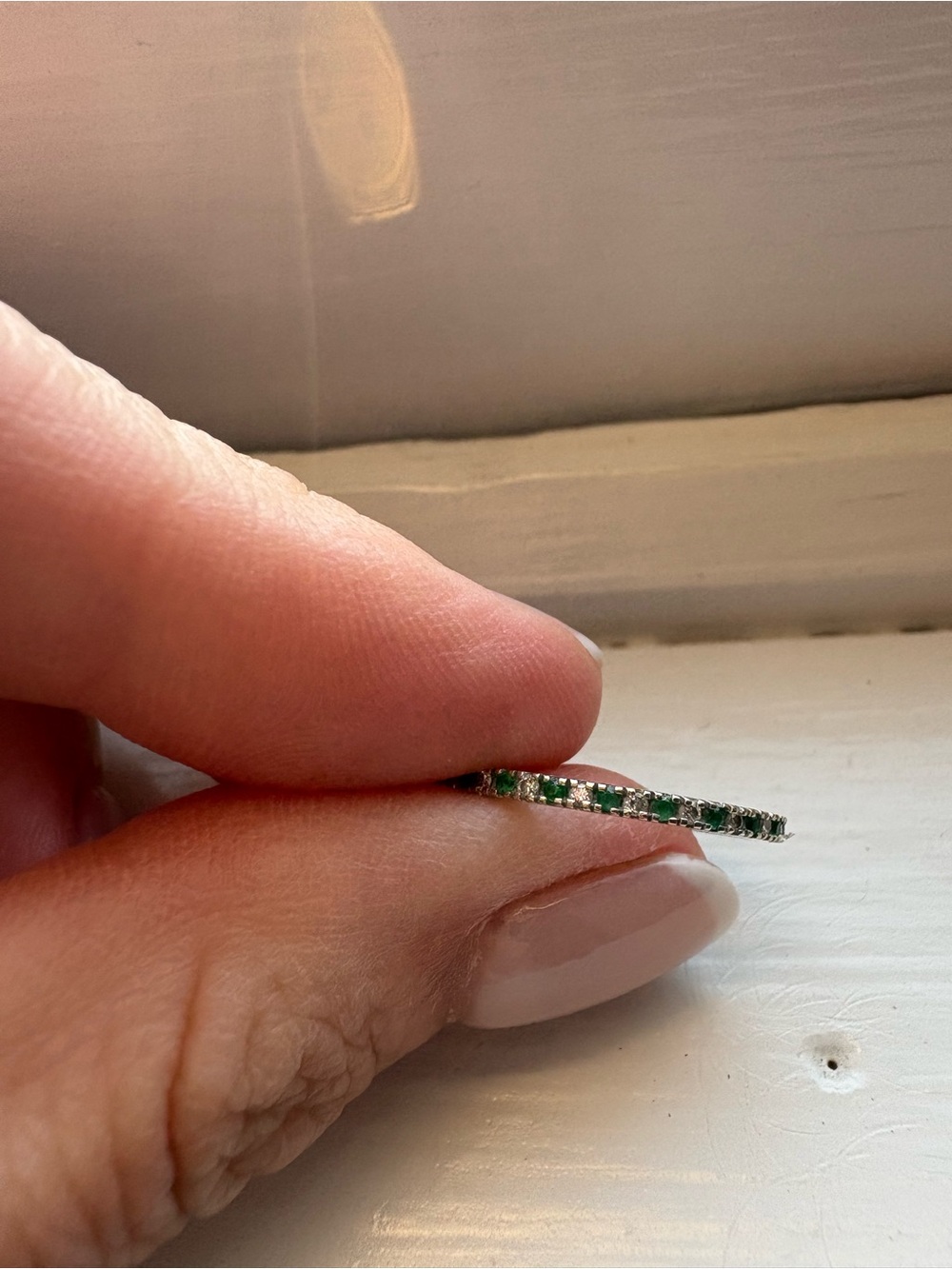 Green Emerald and Diamond Accent White Gold Infinity Band Size 6